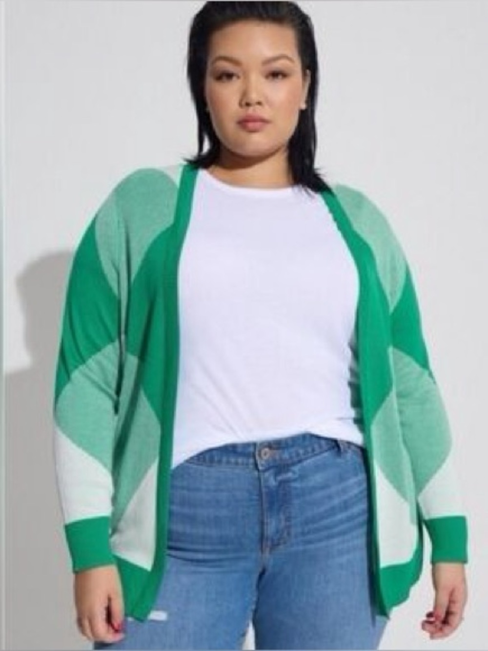 TORRID 1X Green White Open-Front Argyle Cardigan Sweater
